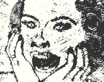 EEK!-Screaming Housewife-Midcentury Retro-Monotype Collograph-8 x 10 inches