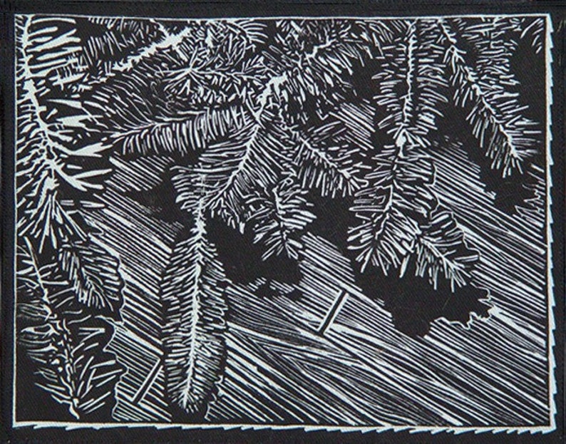 Christmas Linocut Print Tree Branches Original Art 8 X 10 Inch Etsy