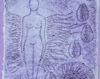 Venus of the Sea-Drypoint Collograph Monotype-Goddess- 8 x 10- Cobalt Blue