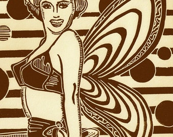 Retro Pin-up Linocut- Sexy Vintage Lingerie- Mid Century Woman Angel- 11 x 14 inch