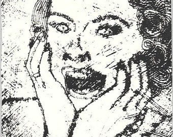 Screaming Woman-NO!-Retro Midcentury Housewife Meltdown-Collograph Monoprint-6 x 8