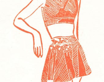 Swimsuit Linocut Print-Retro Midcentury Fashion-Orange- 3 of 10