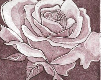 Rose Aquatint Etching- Romantic Classic Realism-Print-AP1- 7 x 9 inch