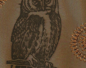 Elegant Owl Linocut- Silk Embroidered Monoprint- 8 x 10 inch