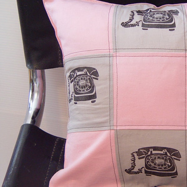 Retro Midcentury Pink Telephone Pillow Cover- Artists Linocut Print 12 x12 inch 30 x 30 cm