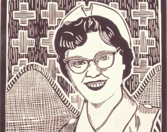 Vintage Nurse Linocut- SALE- Cousin Diane- Retro Angel of Mercy- SALE- 8 x 10 image