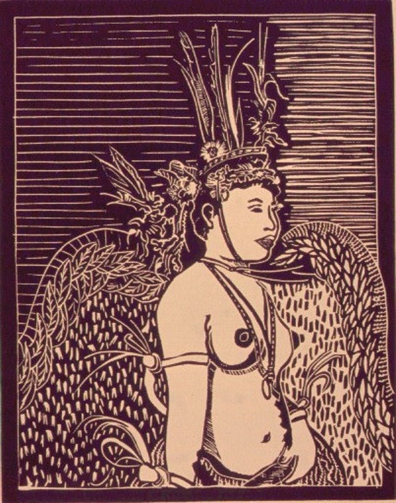 Handmade original Linocut print block of tropical Hawaiian topless woman with pineapple and sword