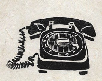 Vintage Telephone Linocut-Retro Midcentury Decor- 8 x 10-Original Monoprint