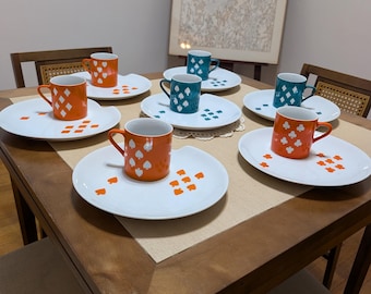 Jonas Roberts 1950s Mug and Plate Set in Orange and Teal set of 14 pieces
