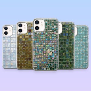 May include: Five mobile phone cases with a mosaic tile design in various colours. The cases are in shades of blue, green, and gold, with a clear border. The mosaic pattern is made up of small, square tiles.