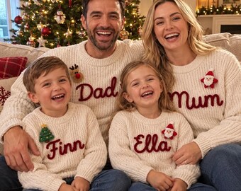 Personlig familjejultröja med namn, matchande familjejultröjor, stickad tröja med namn, julklapp för baby, barn och vuxna