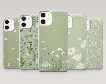 Funda floral para teléfono, color verde salvia, con diseño de flores silvestres, compatible con iPhone 17 Pro, 16, 15, 14, 13, Samsung S25, S24, S23Fe, S22, A16, A26, A56 y Pixel 10.