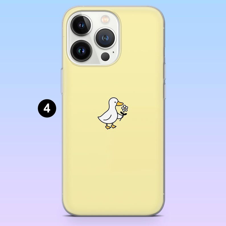 May include: A yellow phone case with a cartoon duck holding a flower. The case has a clear border and a smooth finish. The phone's camera lenses are visible at the top. The number "4" is in a black circle in the upper left corner.