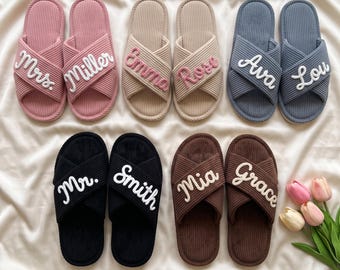 Personalized Slippers with Name, Custom Bridesmaid Slippers, Embroidered Name Slides, Bridal Party Gift, Christmas Gift for Her