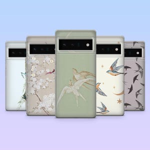 May include: Five phone cases with bird illustrations. The cases display various bird designs, including swallows and other avian species, in different colours and styles. The backgrounds vary from light green to off-white and beige.
