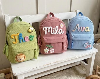 Gepersonaliseerde kinderrugzak met naam, corduroy peuterrugzak, tas met geborduurde naam van garen, rugzak voor peuterspeelzaal/kinderdagverblijf, kindercadeau