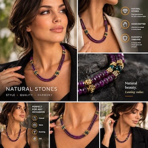May include: A double-strand necklace featuring faceted purple beads, interspersed with small green beads and ornate gold-toned square spacers. The necklace is worn around the neck, showcasing a layered design with metallic accents and deep purple tones.