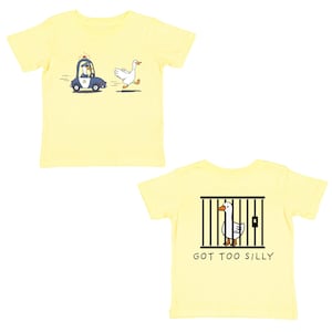 May include: A yellow t-shirt with a cartoon goose being chased by a police car on the front. The back of the shirt has a cartoon goose in a jail cell with the text "GOT TOO SILLY".