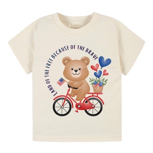 Patriotic Bear Kids T-Shirt | 4th of July Toddler Shirt | &quot;Land of the Free Because of the Brave&quot; | Cute USA Shirt for Boys & Girls