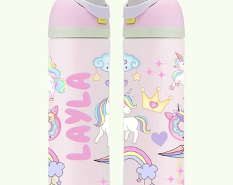 Garrafa de água infantil Owala personalizada, copo de 24 onças para crianças com nome, copo Owala personalizado para crianças, garrafa de água de aço inoxidável fofa