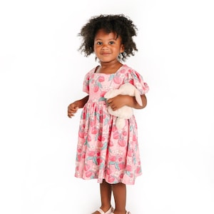 Strawberry Puff Sleeve Dress with matching shorts for Girls, Summer Twirl Dress,Toddler Birthday Outfit, Very Berry Girl dress