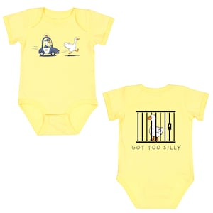 May include: Yellow baby onesie with a white goose running away from a police officer in a blue car on the front. The back of the onesie has a white goose in a black cage with the text "GOT TOO SILLY".