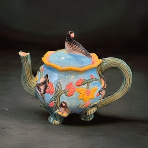 Seymour Mann teapot with blue sky, birds and primroses