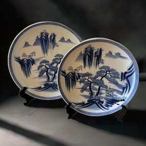 Vintage massive scale Japanese Arita cobalt blue and white porcelain decorative platter. 15.5 inches in diameter.