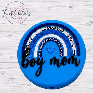 Blue Boy Mom Rainbow Silicone Focal Bead | 30mm Custom Engraved Boy Mom Bead for Pens | Badge Reels | Keychains | DIY Crafts