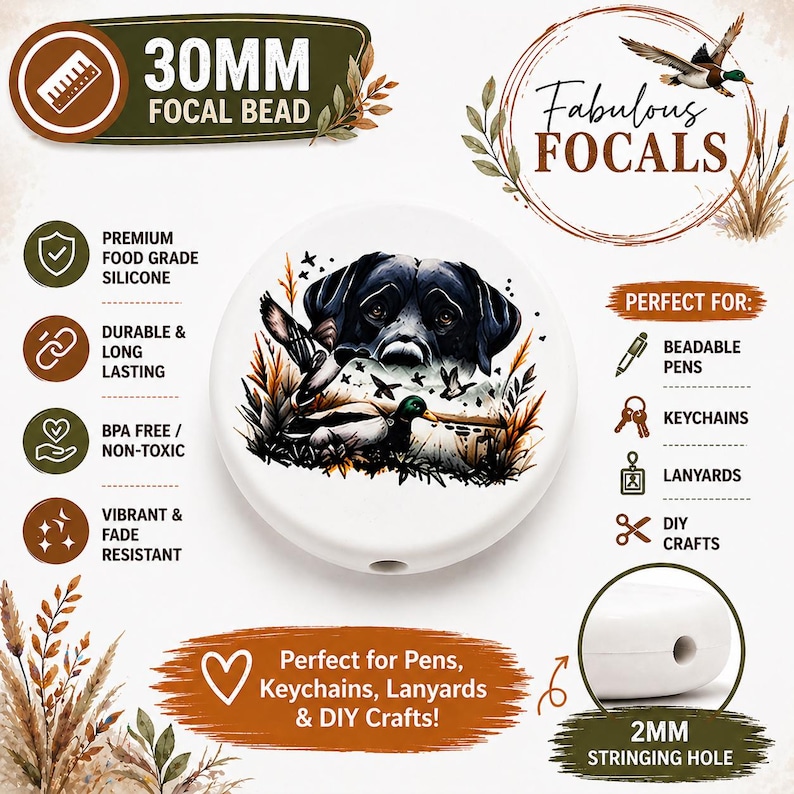 May include: A white 30mm focal bead with a 2mm stringing hole. The bead features a black and white dog illustration with ducks and the text "Fabulous Focals". It is made of premium food-grade silicone and is perfect for beadable pens, keychains, lanyards, and DIY crafts.