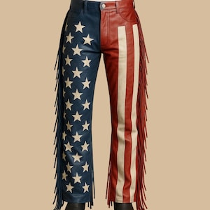 Customized Handmade Unisex American Flag Leather Fringe Pants USA Stars & Stripes Rodeo, Biker Western Cowboy Festival Boho Festival Pants.