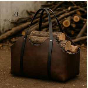 May include: A brown leather log carrier with black handles and straps, filled with cut logs. The carrier has a rectangular shape with curved sides and is designed for easy transport of firewood. The handles are attached with gold rivets.