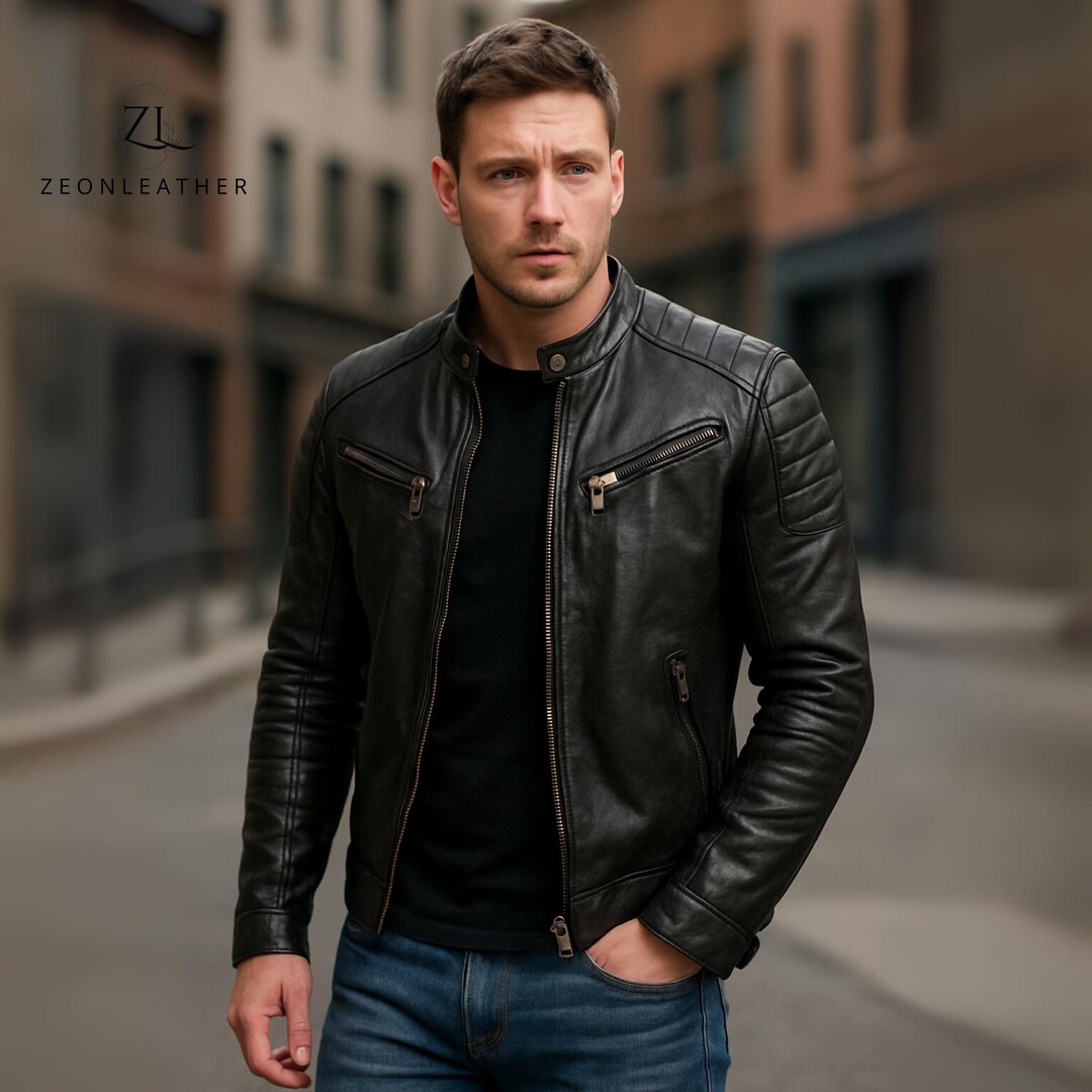 Handmade Black Leather Cafe Racer Jacket: Slim Fit Motorcycle Coat - Etsy