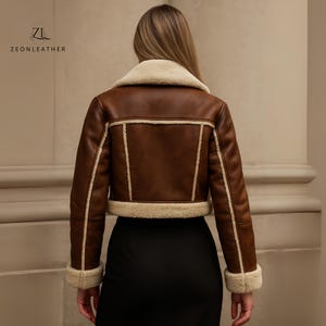 Women’s Black Cropped Aviator Jacket, Streetwear Jacket, Pilot RAF Bomber Jacket, Women’s Real Shearling Fur Lined Winter Coat, Gift For Her