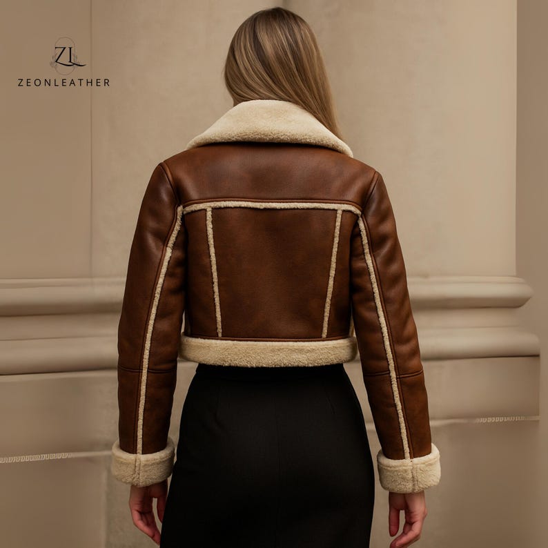 Women’s Black Cropped Aviator Jacket, Streetwear Jacket, Pilot RAF Bomber Jacket, Women’s Real Shearling Fur Lined Winter Coat, Gift For Her