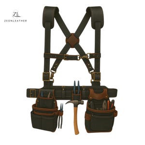 Personalized Handmade Leather Tool Belt with Suspenders – Heavy-Duty Rig for Carpenters, Electricians & Contractors | Full-Grain Leather.