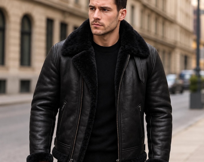 Men's Black Shearling Leather Jacket – Winter Aviator Pilot Coat Real Lambskin Bomber Jacket  Vintage Warm Fur Lined Outerwear Gift For Him