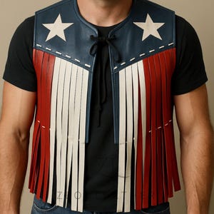 May include: A leather vest with a patriotic design. The vest features a blue top with white stars, red and white fringe, and a black tie closure. The vest is sleeveless.