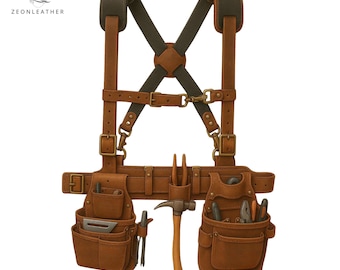 Personalized Handmade Leather Tool Belt with Suspenders – Heavy-Duty Rig for Carpenters, Electricians & Contractors | Full-Grain Leather.