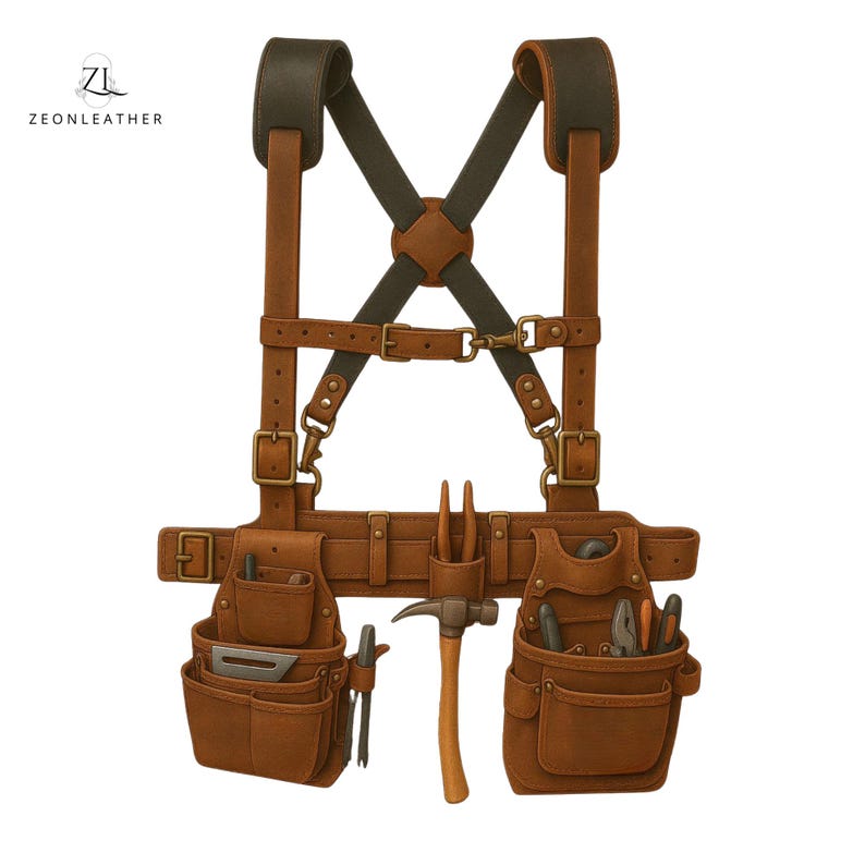 Premium full-grain leather tool belt with suspenders, heavy-duty rig for carpenters and electricians, handmade distressed brown leather gear.