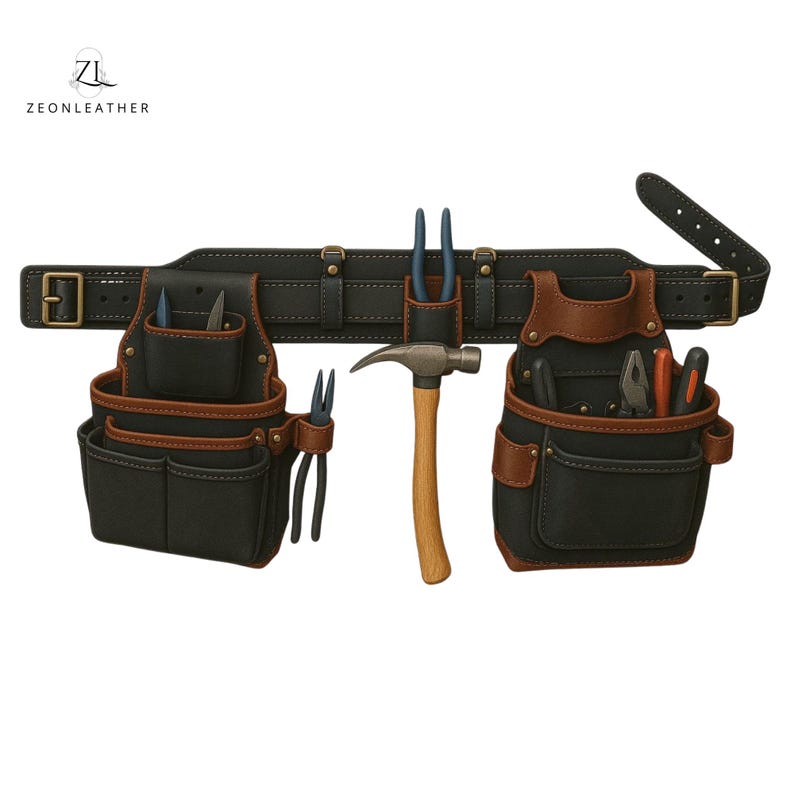 Close-up of full-grain distressed leather tool belt with reinforced stitching, brass rivets, and handmade craftsmanship