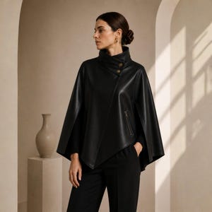 May include: A black leather cape with a high collar and asymmetrical front. The cape features two gold-colored buttons and a zippered pocket. The model is wearing black pants and a black top.
