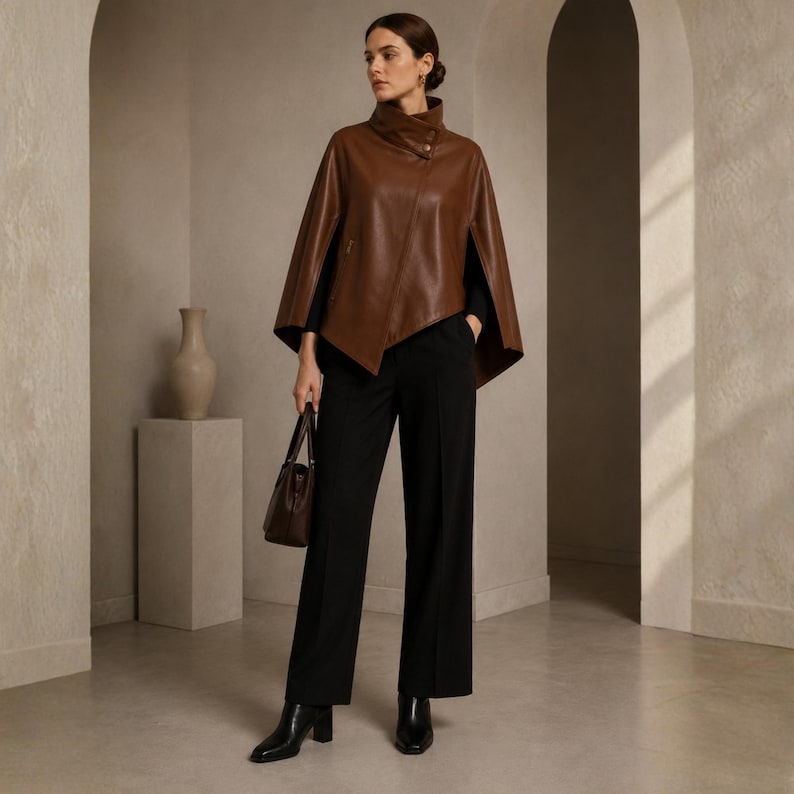 May include: A brown leather cape with a high collar and asymmetrical design. The cape is paired with black pants and boots. A brown handbag is held in the hand.
