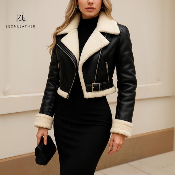 Women’s Black Cropped Aviator Jacket, Streetwear Jacket, Pilot RAF Bomber Jacket, Women’s Real Shearling Fur Lined Winter Coat, Gift For Her
