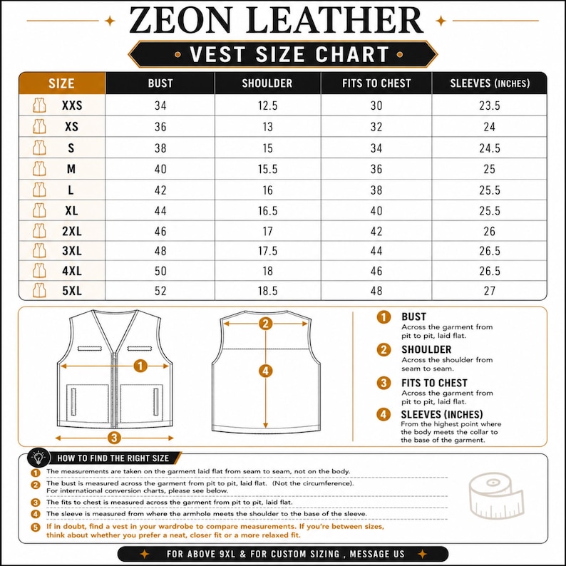 May include: Zeon Leather vest size chart with measurements in inches for bust, shoulder, fits to chest, and sleeves. Includes diagrams and instructions on how to measure for the right fit. Sizes range from XXS to 5XL.