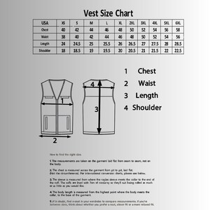 May include: A vest size chart with measurements in inches for chest, waist, length, and shoulder. The chart includes sizes from XS to 6XL. Diagrams illustrate how to measure the vest for the best fit.