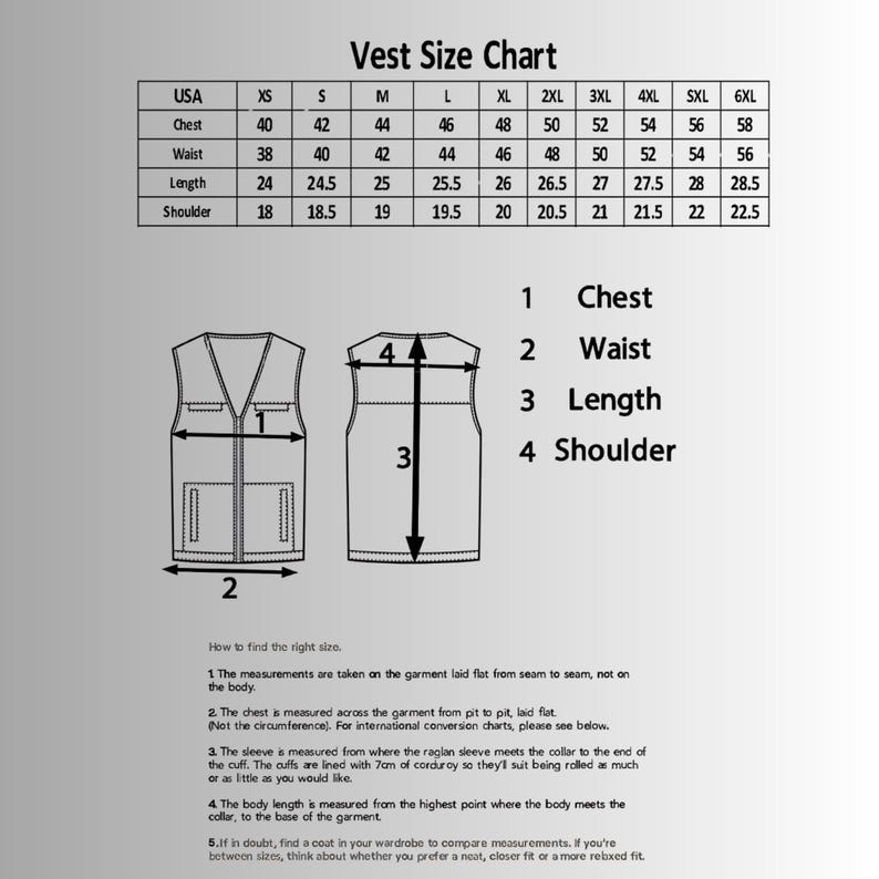 May include: A vest size chart with measurements in inches for chest, waist, length, and shoulder. The chart includes sizes from XS to 6XL. Diagrams illustrate how to measure the vest for the best fit.