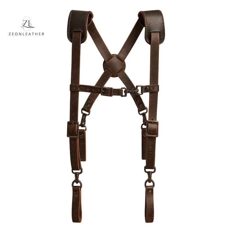 Dark brown leather suspenders for tool belt, adjustable gallows-style straps with brass hardware for comfort and durability