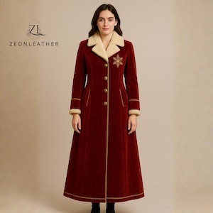 May include: A long, red velvet coat with a cream-colored faux fur collar and cuffs. The coat features gold-colored buttons and trim, with a gold snowflake embroidery on the chest. The brand name "ZEONLEATHER" is visible in the upper left corner.