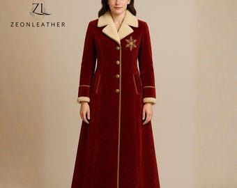 Abrigo navideño de terciopelo rojo – Abrigo largo de invierno con cuello de piel